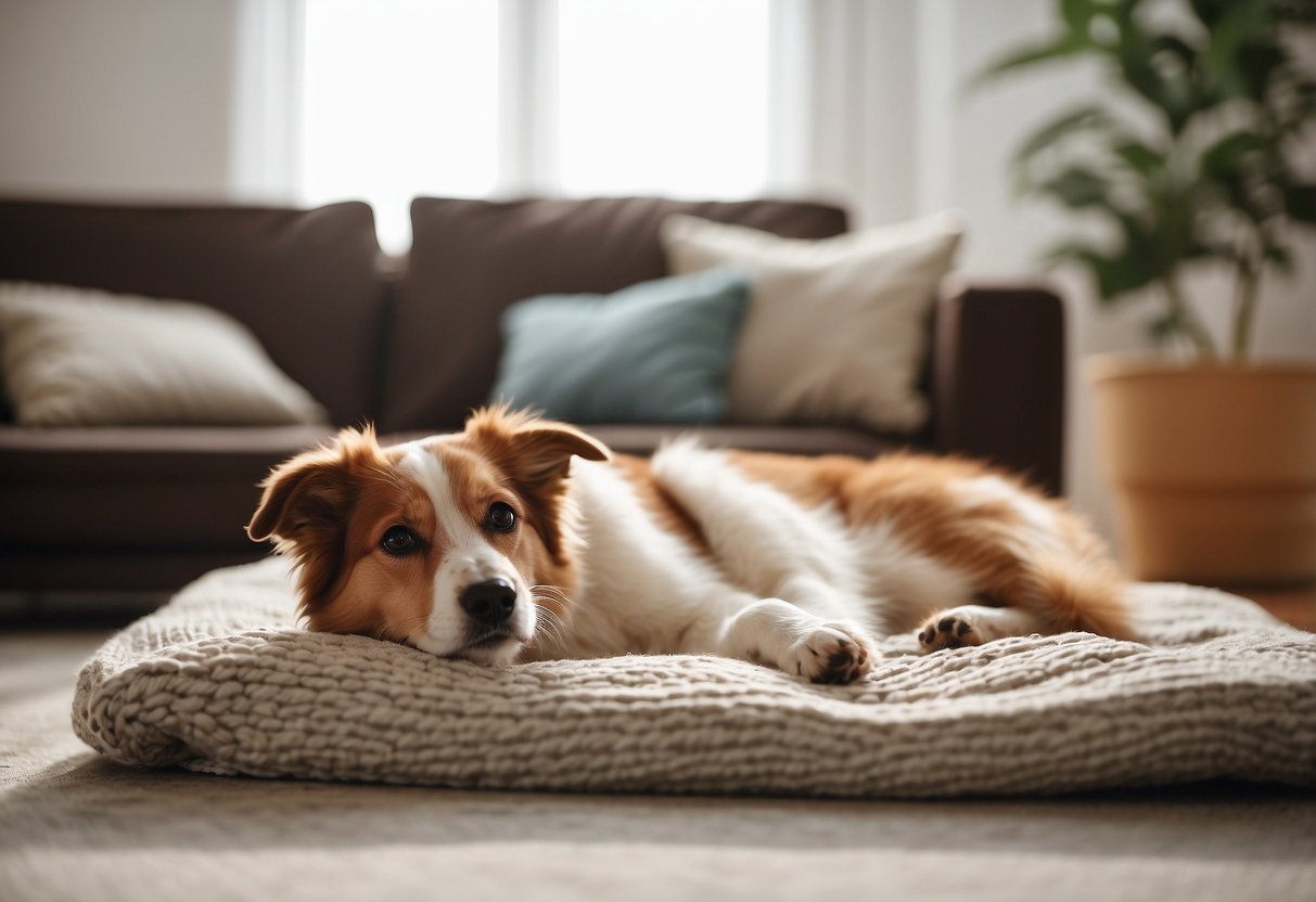 A cozy living room with soft blankets, pet-friendly furniture, and natural lighting. A playful pet toy and water bowl are placed nearby