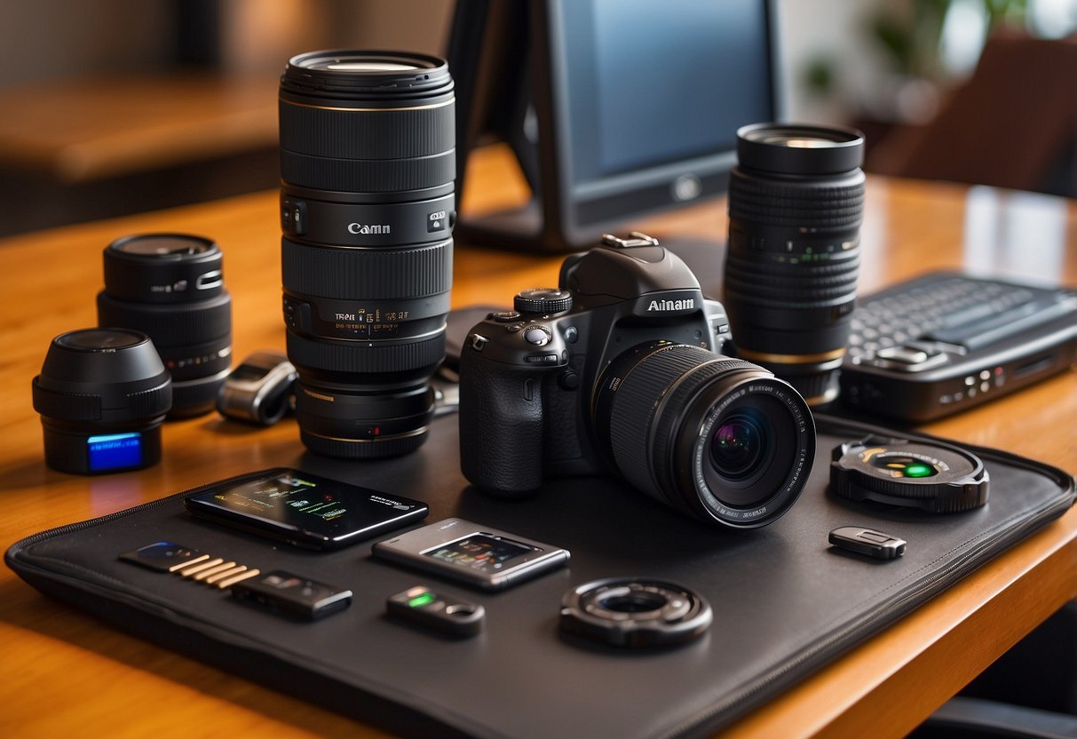 A table with 5 different multi-tools, a camera, lens, memory card, and tripod. Lighting equipment and a computer are also present