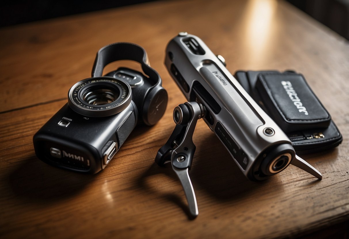 A Leatherman Wave+ multi-tool rests on a weathered wooden table, surrounded by a camera, lens, memory cards, and a tripod. The soft glow of natural light filters through a nearby window, casting gentle shadows on the tools