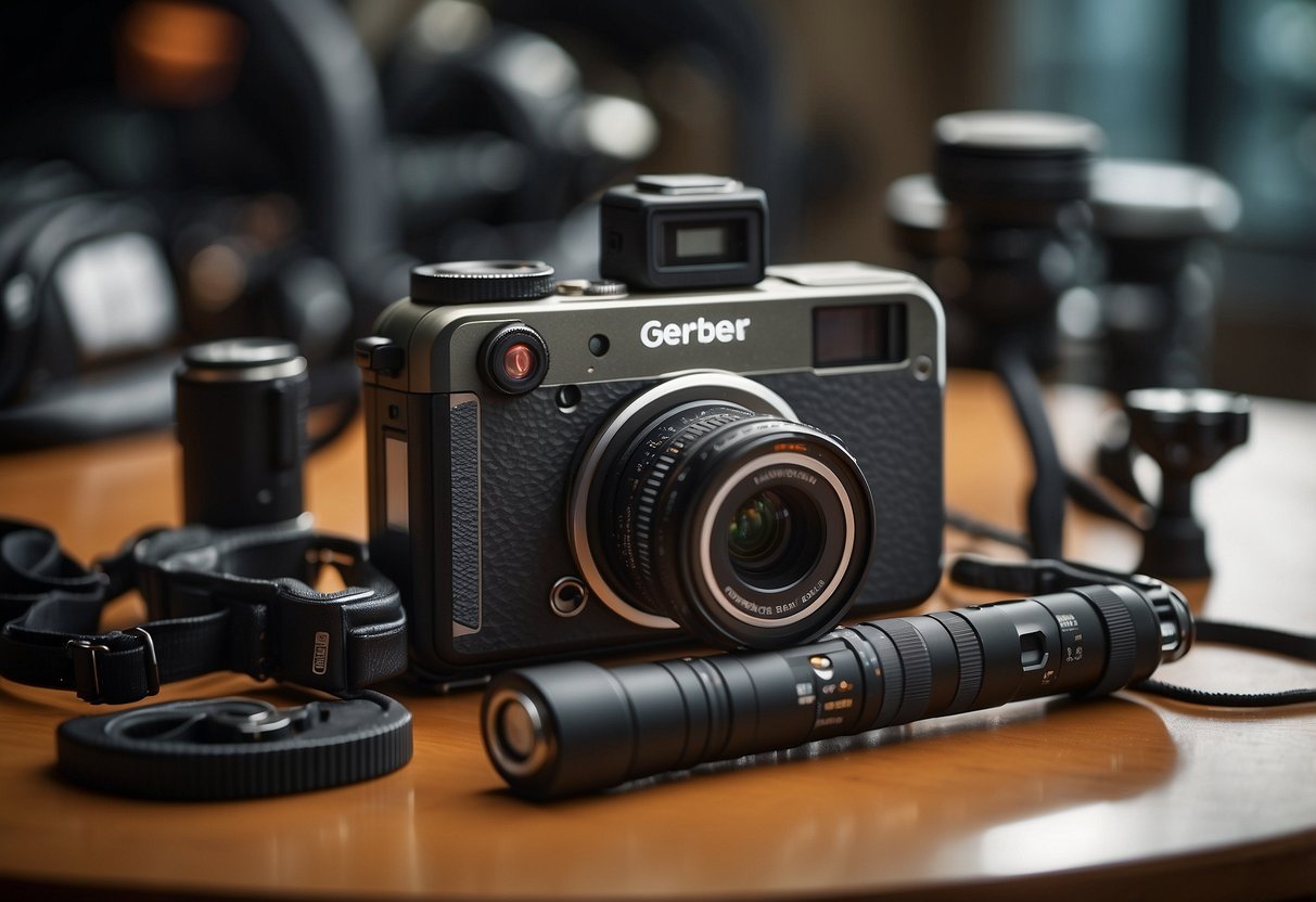 A table with a Gerber Center-Drive multi-tool surrounded by camera gear and accessories. The tool is open, showcasing its various functions and features