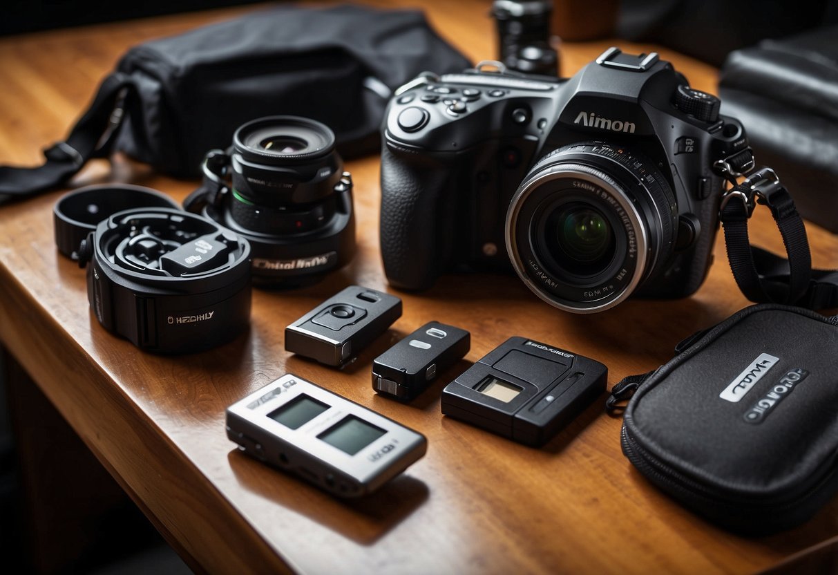 A table with a camera, lens, memory cards, and a SOG PowerAccess Deluxe multi-tool. Lighting equipment and a tripod are also present