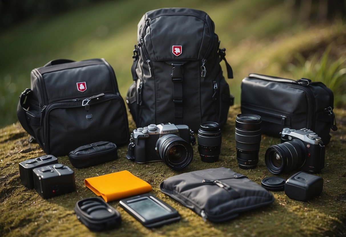 A camera bag open on a rugged outdoor setting, with a Victorinox SwissTool X 5 and various camera accessories spilling out