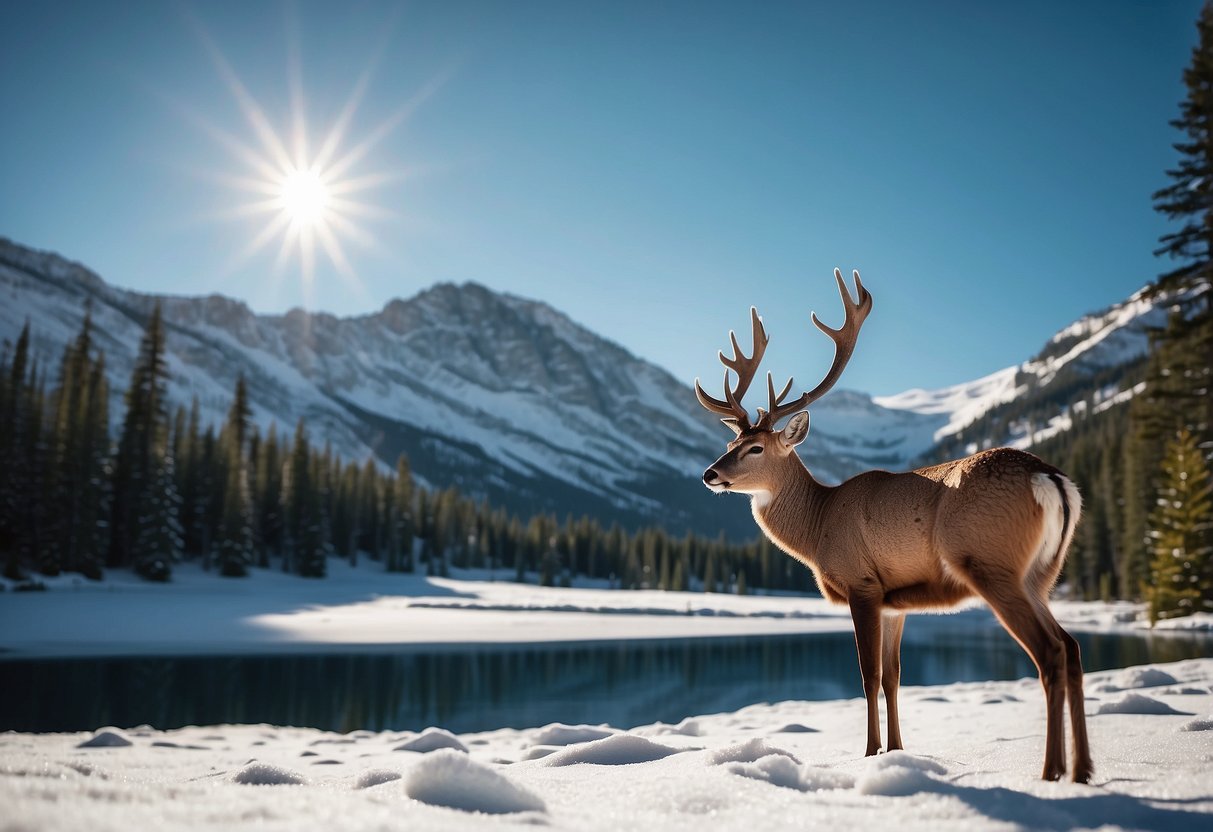 Snow-covered mountains, frozen lakes, and pine forests under a clear blue sky. A deer grazing in a meadow, with a backdrop of snow-capped peaks