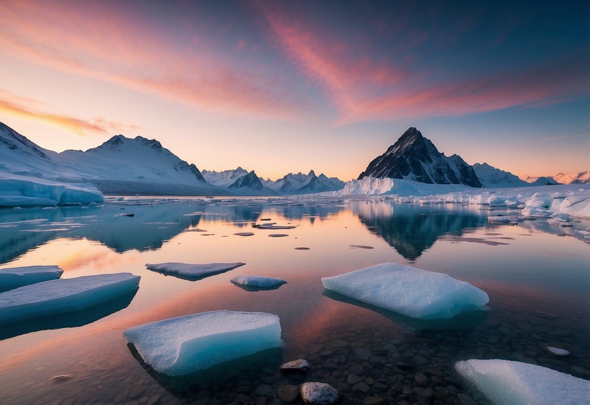 Vast icy landscapes, towering glaciers, and crystal-clear waters. Snow-capped mountains, penguins waddling on the shore, and seals basking on the ice. Sunrise casting a pink hue over the frozen terrain