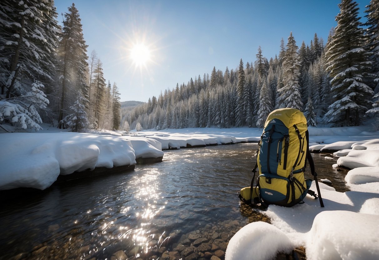 Snow-covered landscape with evergreen trees, a flowing river, and a clear blue sky. Camera, tripod, and warm clothing scattered around. Snowshoes and backpack nearby