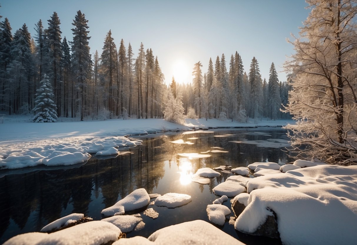 A snowy landscape with a frozen lake, snow-covered trees, and a clear blue sky. The sun is low, casting long shadows and creating a warm, golden light