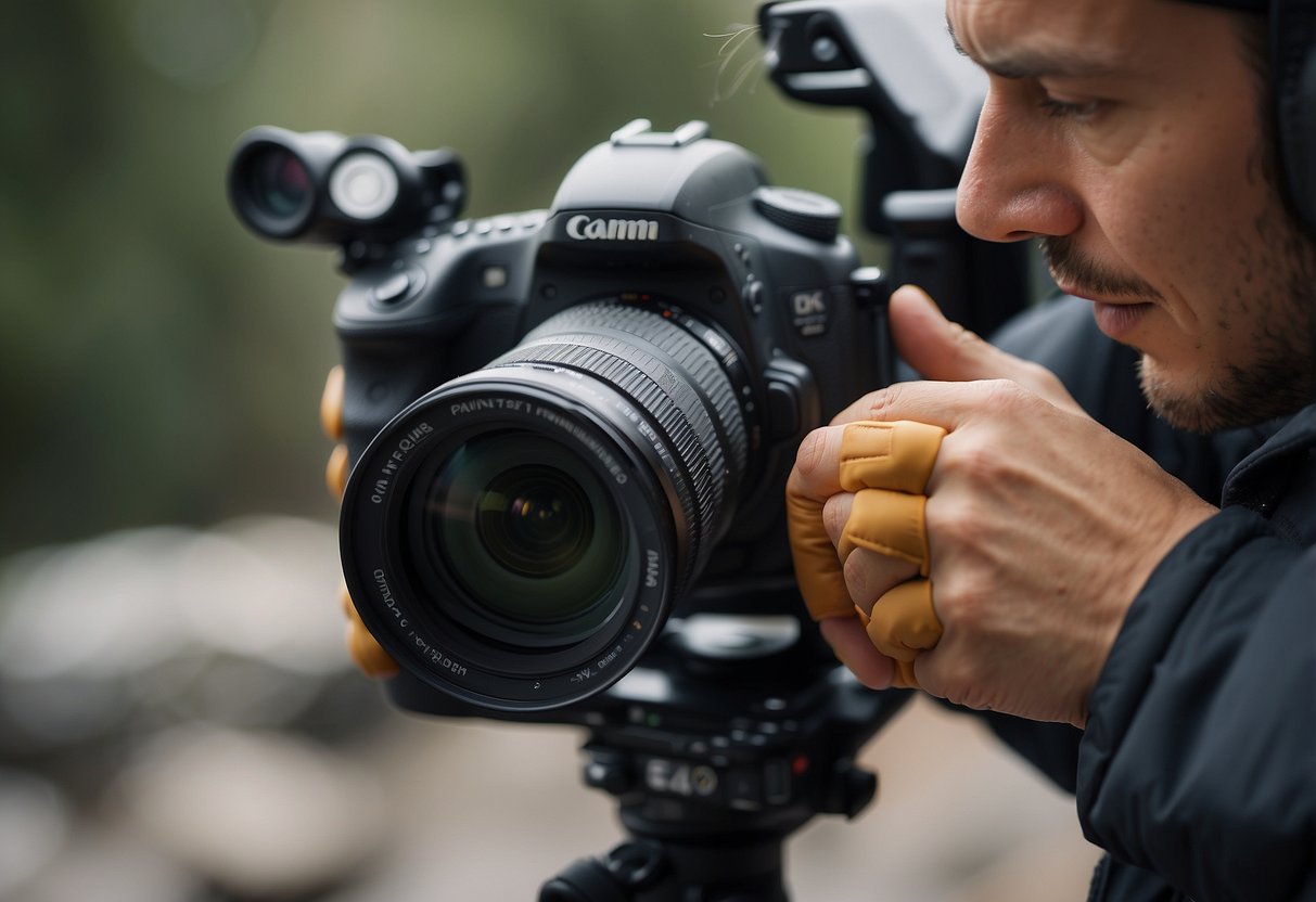 A photographer adjusts camera grip, wears padded gloves, and avoids friction to prevent blisters while shooting