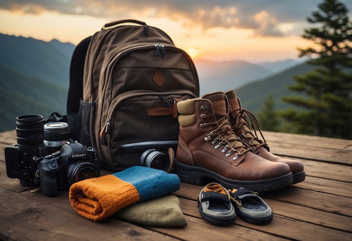 A camera bag with moisture-wicking socks, sunscreen, and a hat laid out on a table next to a pair of hiking boots