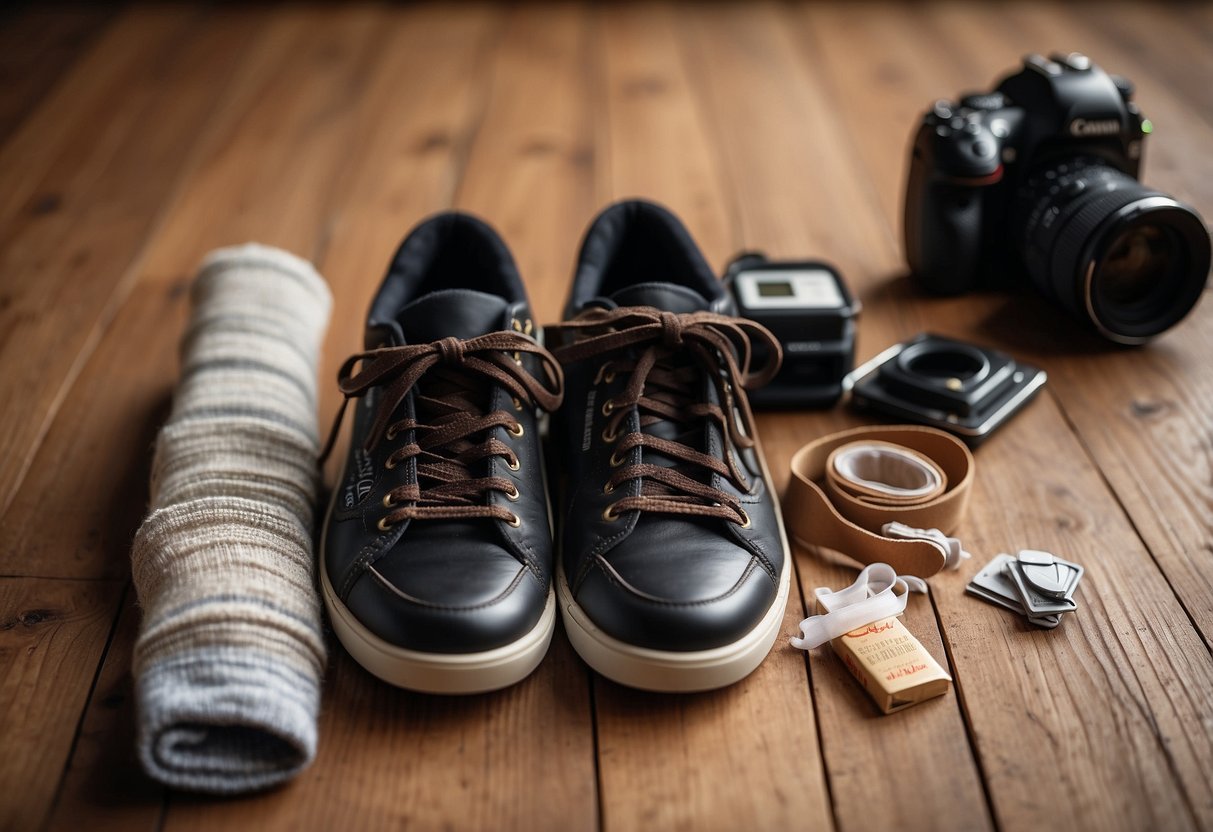 New shoes on a wooden floor, with a camera and photography equipment nearby. A pair of socks and band-aids are visible, suggesting preparation for a long day of shooting