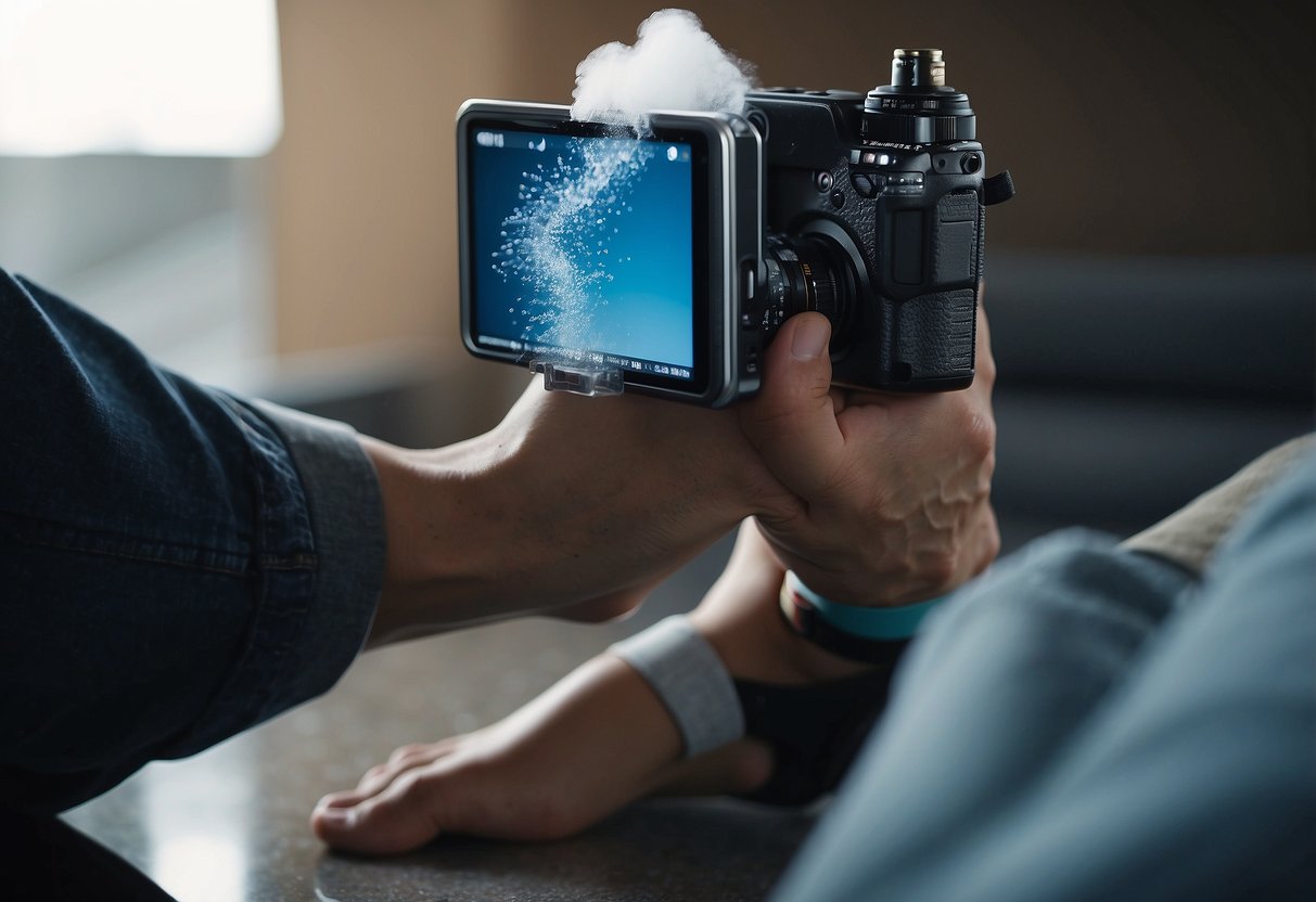 Feet being sprayed with antiperspirant, surrounded by camera equipment and blister prevention items