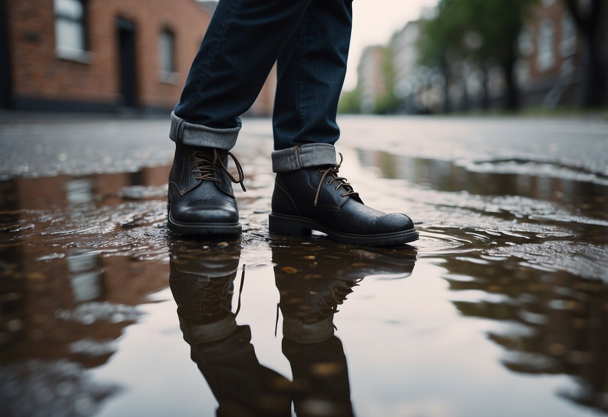 A photographer carefully steps over puddles, wearing clean and dry shoes