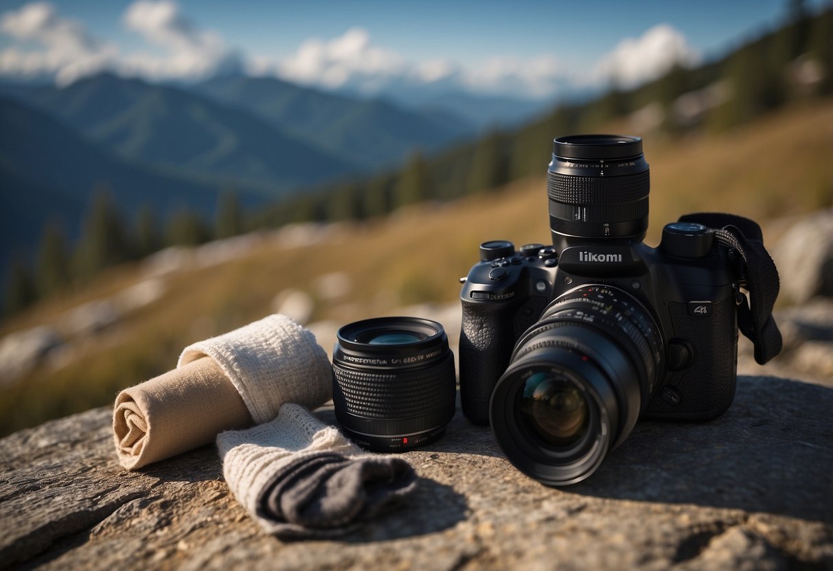 A camera and lens with a bandage wrapped around the grip, surrounded by hiking boots, socks, and moleskin patches