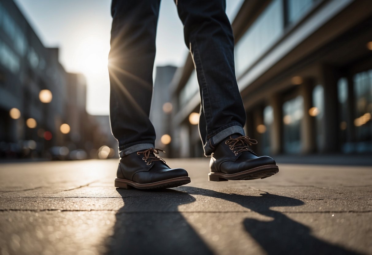 A photographer wearing comfortable, well-fitted shoes, with cushioned insoles, and moisture-wicking socks, walking on a smooth, even surface, while carrying a lightweight camera bag