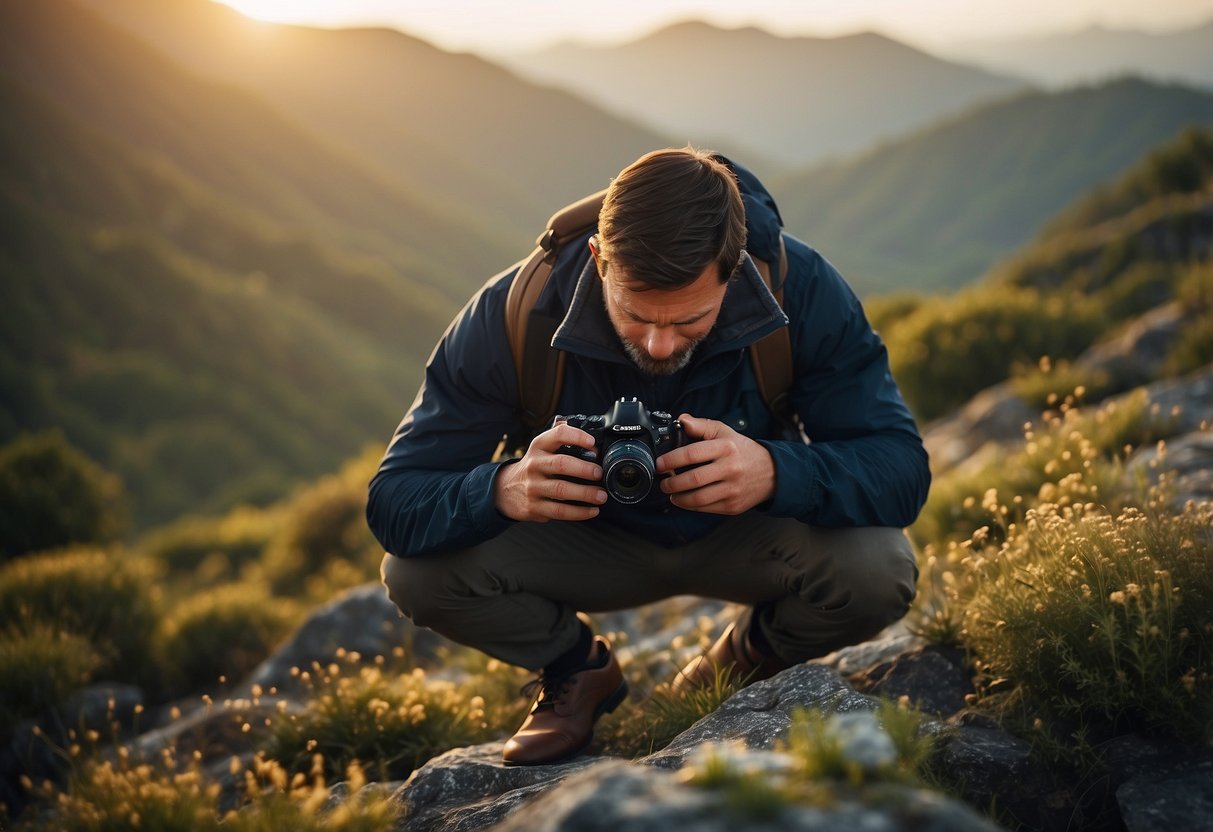 A photographer carefully adjusts their camera while wearing comfortable shoes and using blister prevention techniques