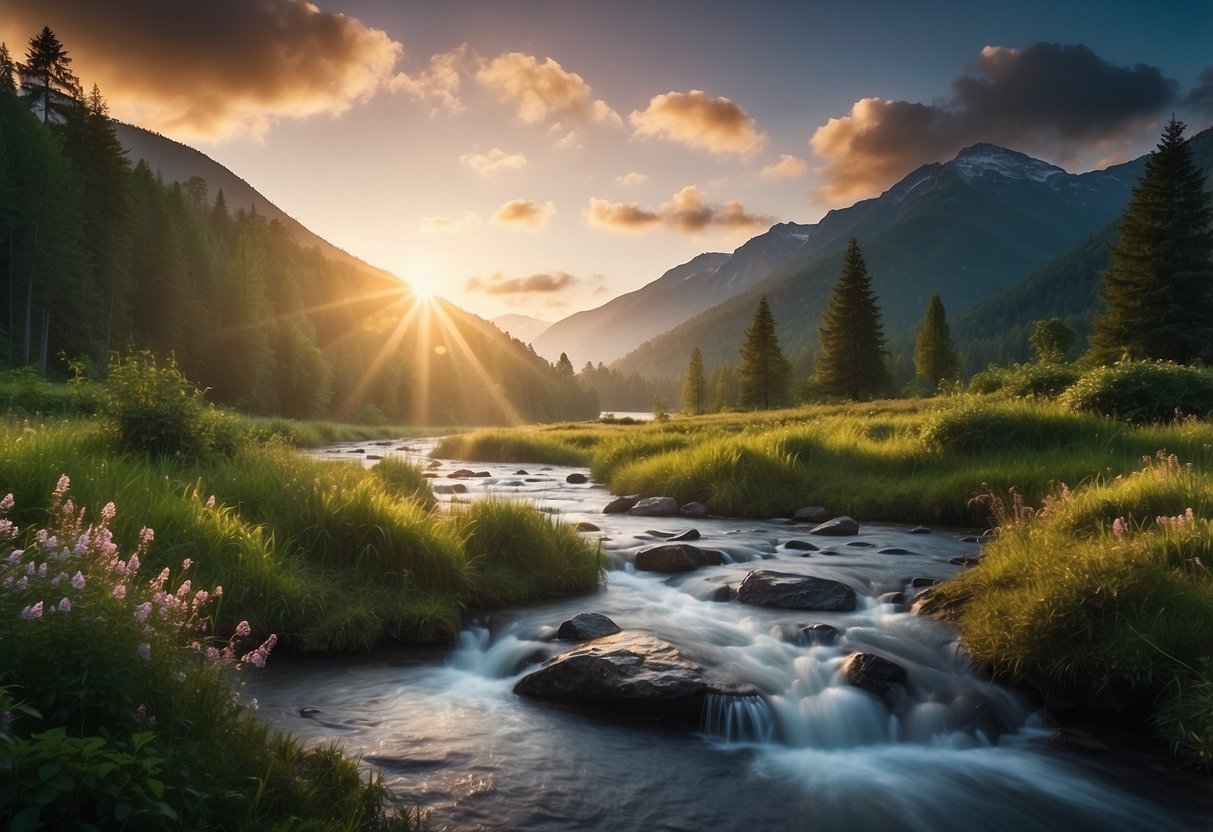 Crystal clear stream flowing through lush green forest, a tranquil lake reflecting surrounding mountains, cascading waterfall, misty morning river, and colorful sunset over the ocean