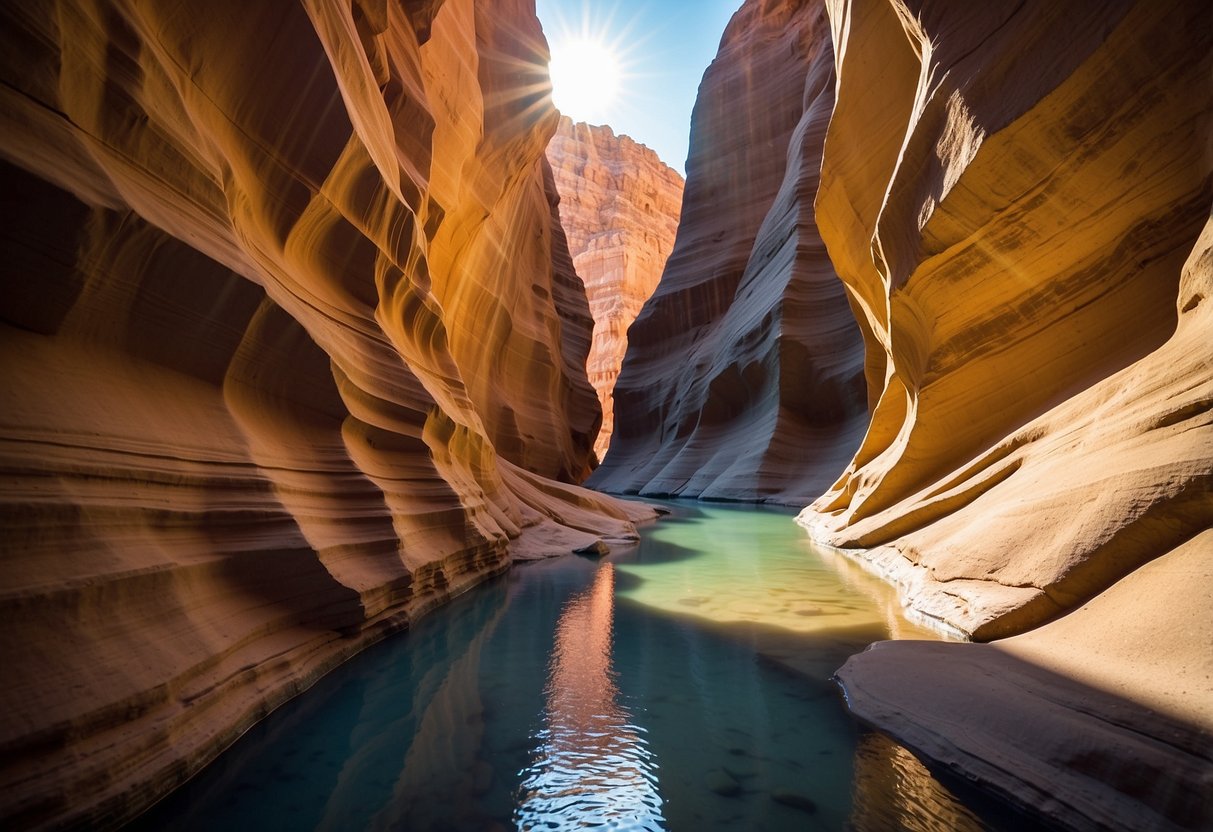 Sunlight filters through narrow slot canyon, illuminating smooth sandstone walls and reflecting off crystal clear streams flowing through the canyon floor