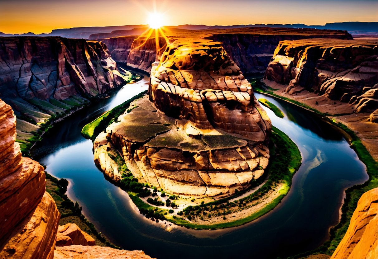 The sun sets over Horseshoe Bend, casting a warm glow on the winding Colorado River below. The rocky cliffs frame the scene, creating a stunning backdrop for photography