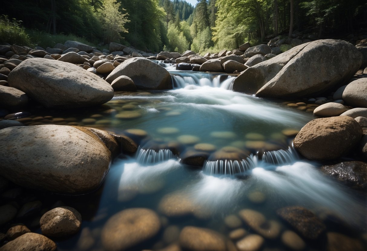 A serene mountain stream flows gently over smooth rocks, reflecting the surrounding lush greenery and clear blue sky above