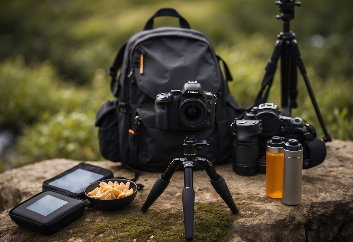 A camera on a tripod set up in a natural landscape, with a backpack, water bottle, and snacks laid out nearby. A photographer is using a remote shutter release to capture the scene without disturbing the environment