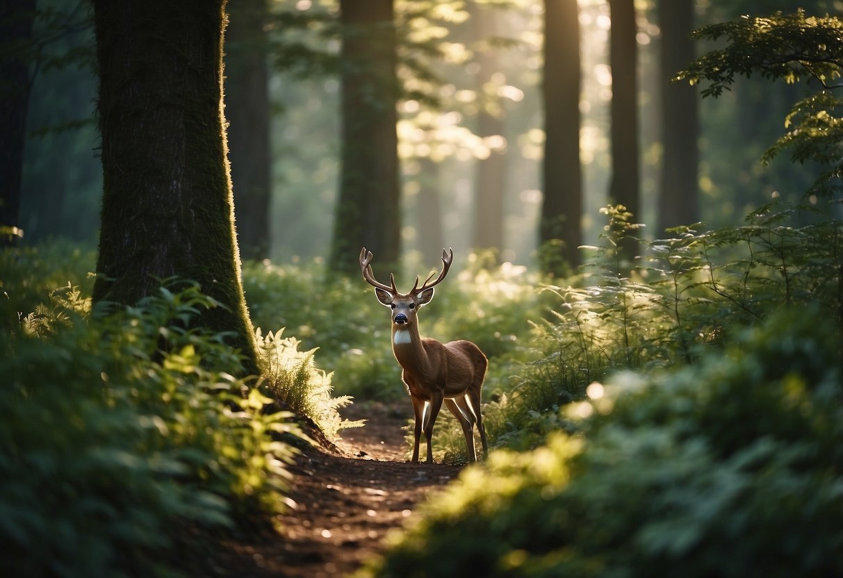 A serene forest with a variety of wildlife, including birds, deer, and small mammals, surrounded by lush vegetation and natural elements