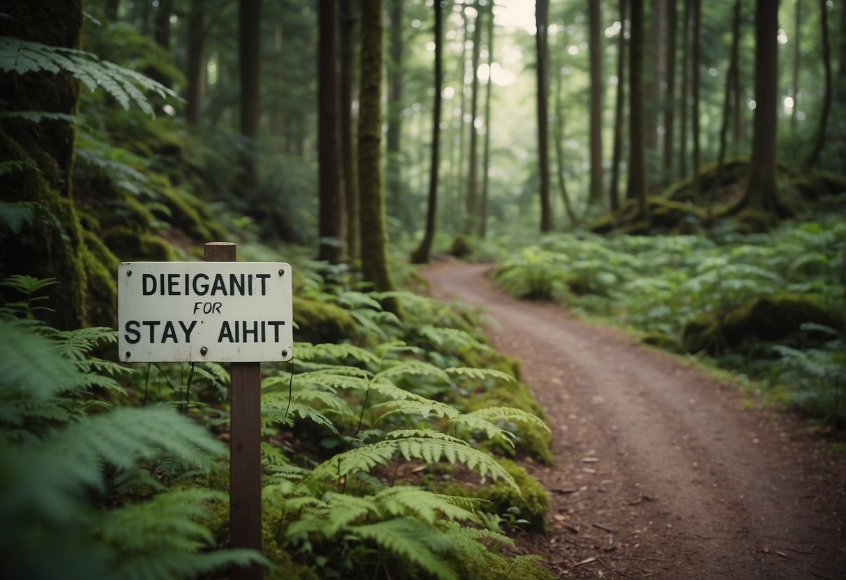 A winding trail through a lush forest, with a clear sign reminding hikers to stay on the designated path. A camera and tripod are set up nearby, capturing the serene natural surroundings