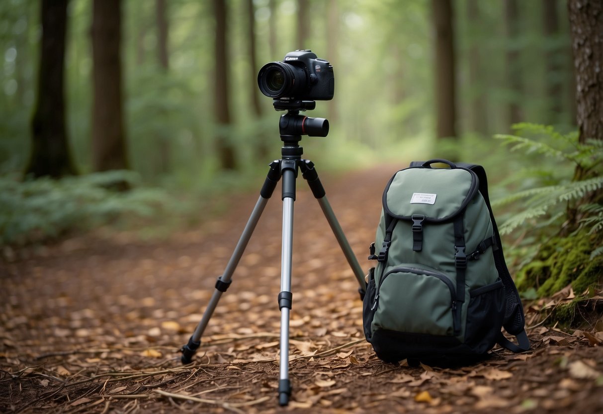 A serene forest clearing with a camera, tripod, and backpack. Litter-free environment with a clear "Pack Out All Trash" sign. Wildlife and nature in the background