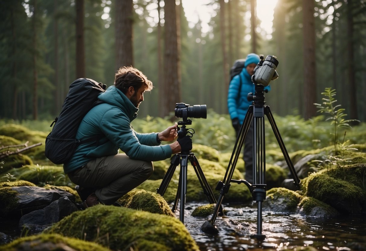 A photographer sets up a tripod in a pristine wilderness, using a reusable water bottle and packing out all waste. They carefully compose their shot, leaving no trace behind