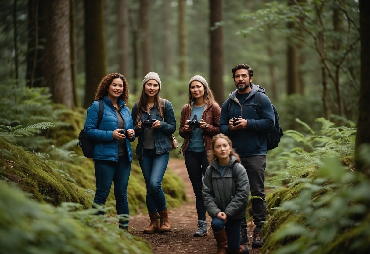 A group of 10 people stands in a natural setting, each person holding a camera and practicing Leave No Trace principles while photographing. The group is spread out, being mindful of their impact on the environment