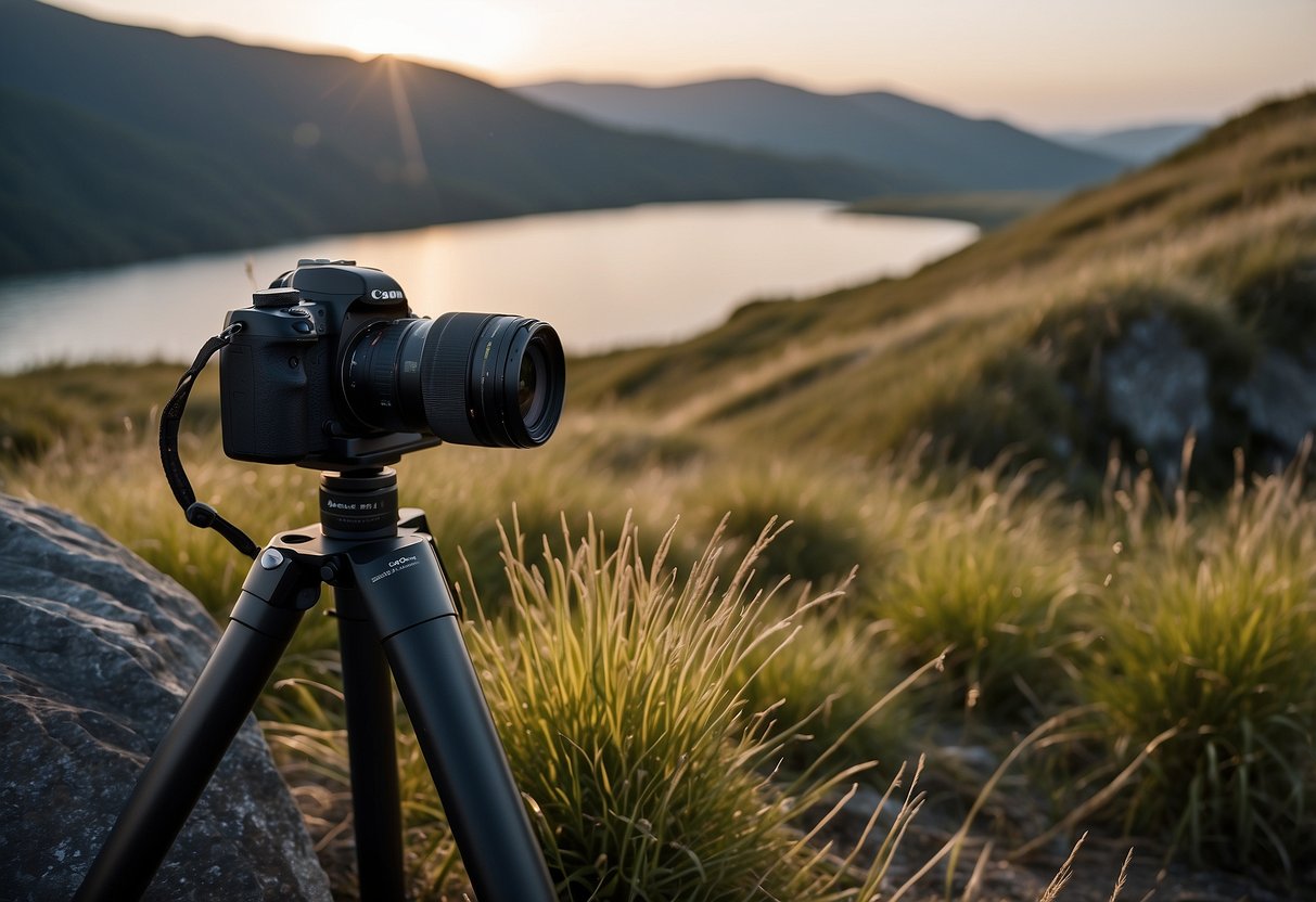 A camera on a tripod capturing a serene landscape with no signs of human presence. Litter-free, undisturbed natural elements in the foreground and background