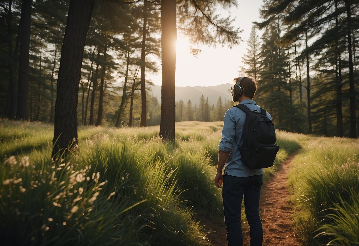 A photographer wearing noise-canceling headphones captures a serene landscape, leaving no trace behind