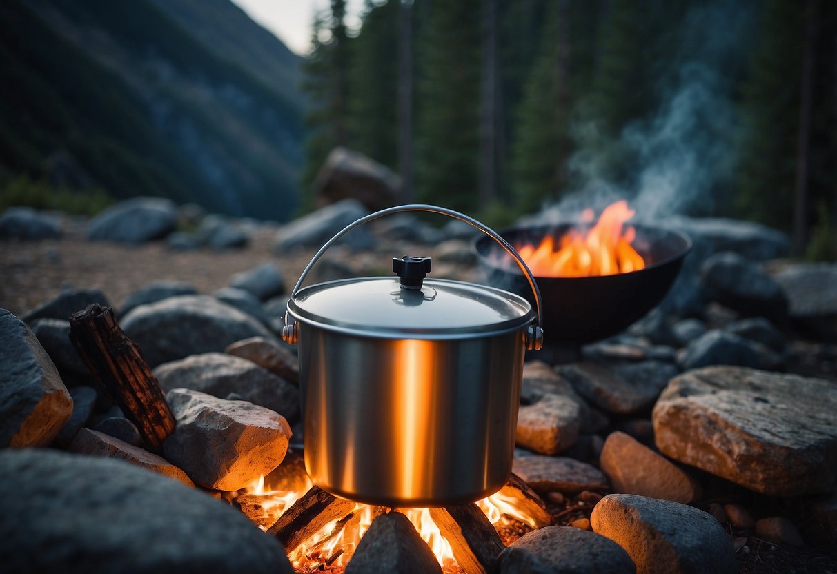 A campfire surrounded by rocks, with a bucket of water nearby. A photographer's tripod and camera set up at a distance, capturing the scene