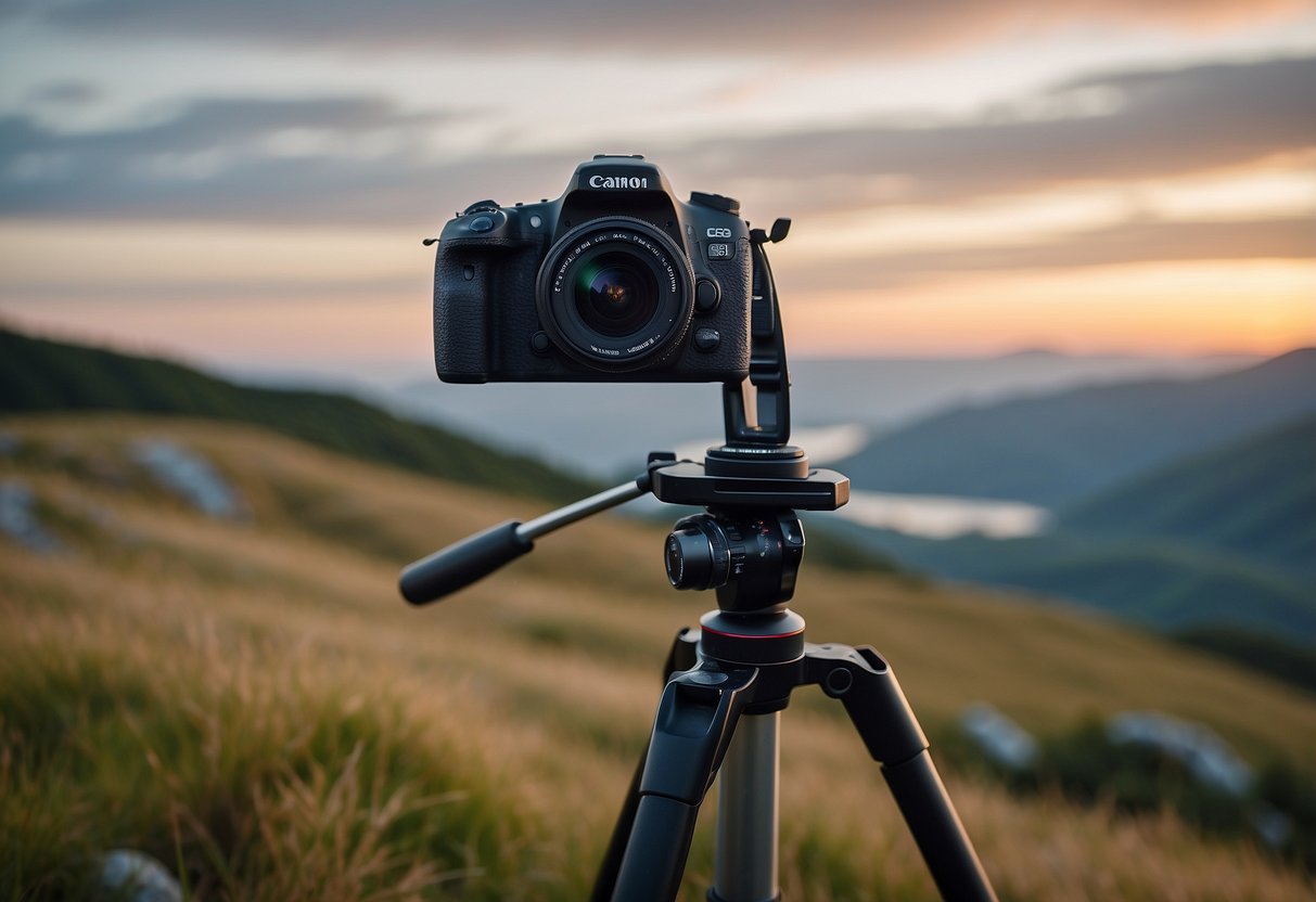 A camera on a tripod capturing a serene landscape with no visible signs of human presence. No litter or disruption to the natural environment