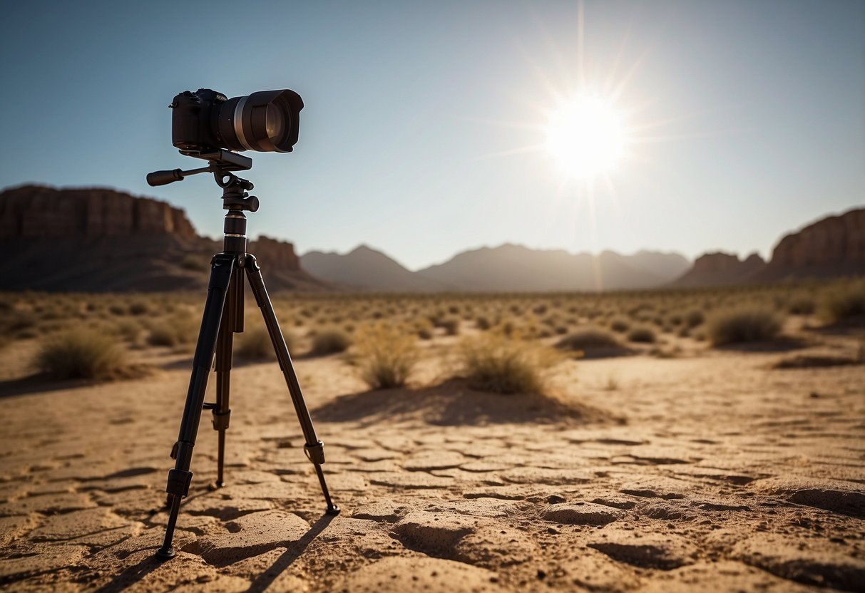 Bright sun beating down on a desert landscape. A camera and tripod set up to capture the arid environment. Heat waves shimmering in the distance