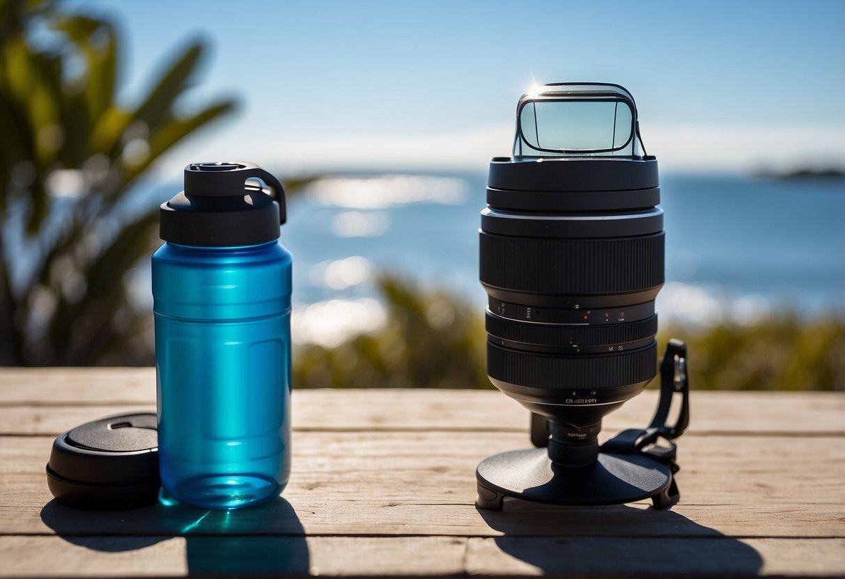 A camera with a lens hood attached, positioned in bright sunlight with a clear blue sky in the background. A water bottle and sunscreen nearby