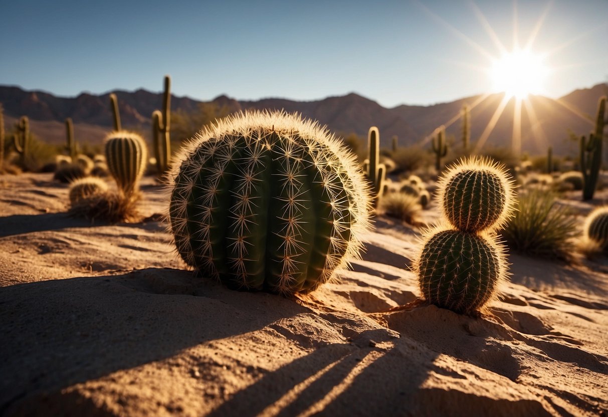 Bright sun over a desert landscape. Cacti and rocks cast long shadows. Heat waves distort the horizon