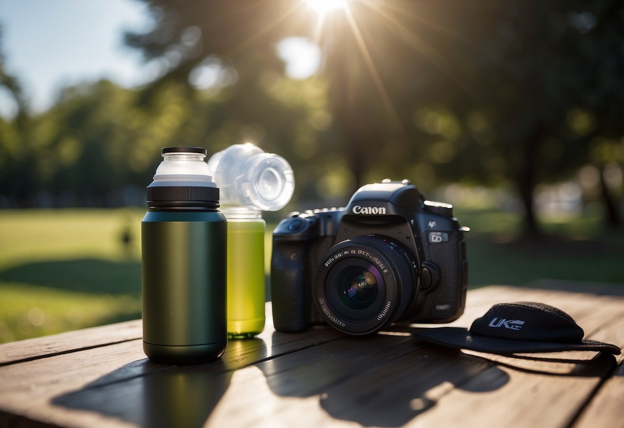 A camera and lens are shielded from the sun by a protective cover. Water bottles and a hat are nearby. The bright sunlight and heat are evident in the background