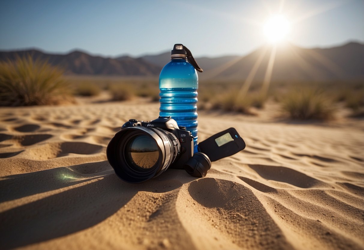 Bright sun shining on desert landscape, casting harsh shadows. Camera equipment set up with cooling towels and water bottles nearby. Heat waves shimmering in the distance