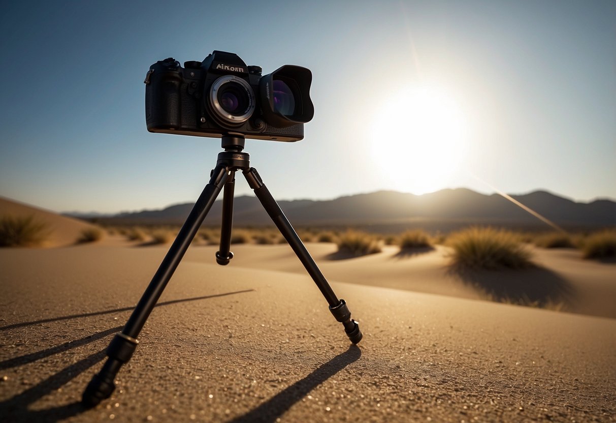 The sun beats down on a desert landscape, casting harsh shadows and creating intense contrasts. A camera and lens sit on a tripod, with heat waves distorting the distant horizon