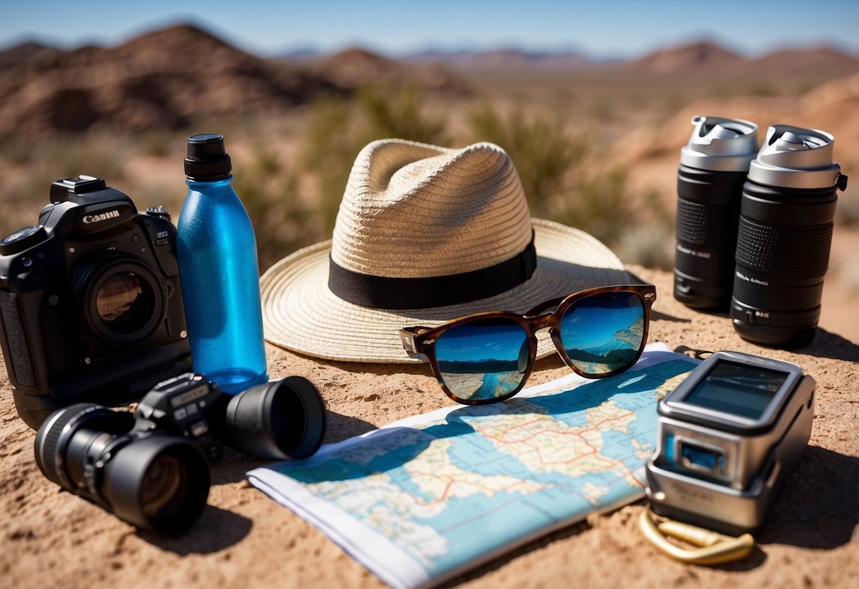 Bright sun, clear blue sky, desert landscape, camera equipment laid out, water bottles, sunscreen, hat, and sunglasses. Checklist in hand, map in background