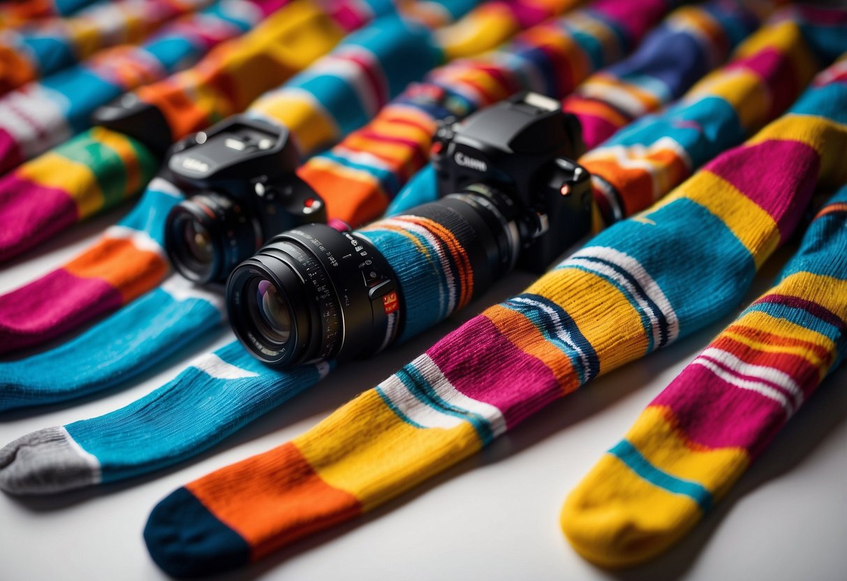 A colorful array of camera-themed socks arranged on a white backdrop, with playful patterns and vibrant designs