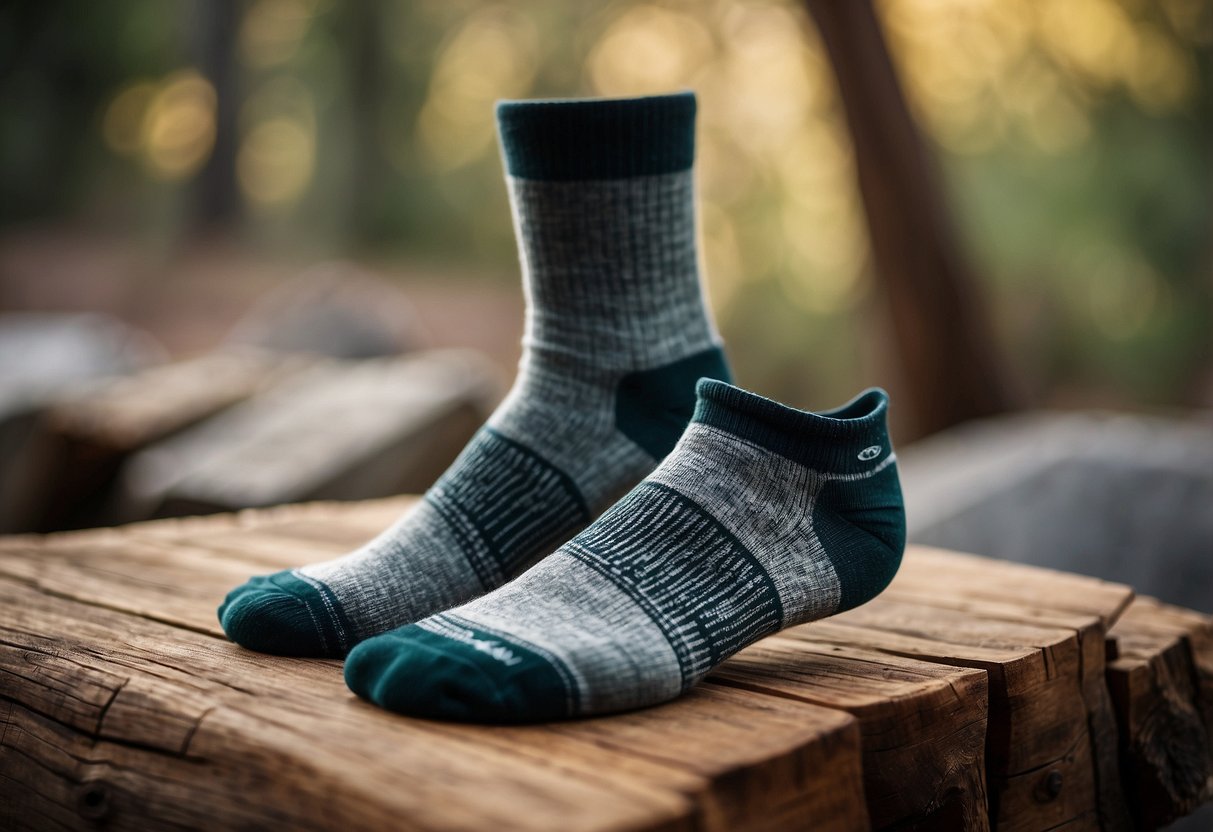 A pair of SmartWool PhD Outdoor Medium Crew Socks placed on a rustic wooden surface with outdoor gear in the background