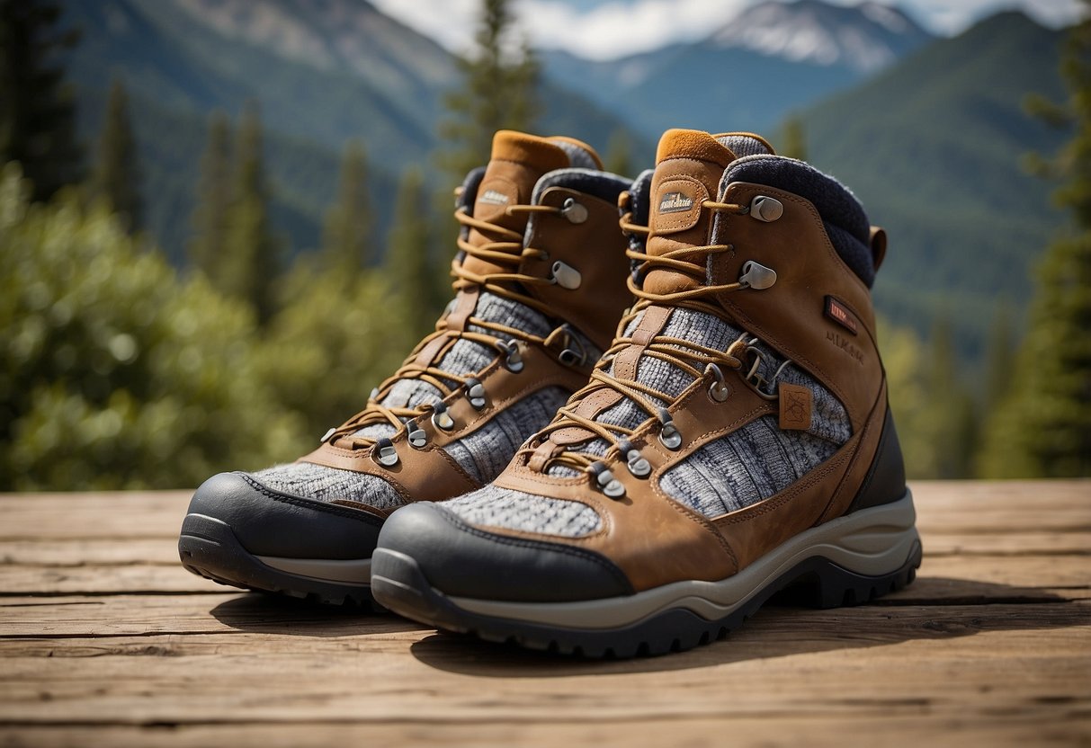 A pair of Darn Tough Hiker Micro Crew socks laid out on a rustic wooden surface, surrounded by outdoor hiking gear and a scenic mountain backdrop