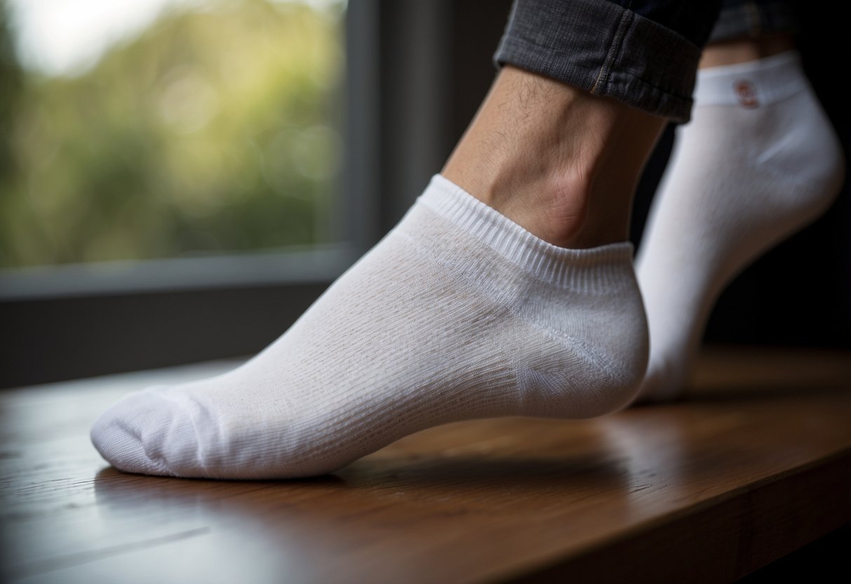 A pair of Balega Blister Resist No Show Socks displayed on a clean, white surface with soft, natural lighting. The socks are neatly arranged and show off their comfortable, durable material