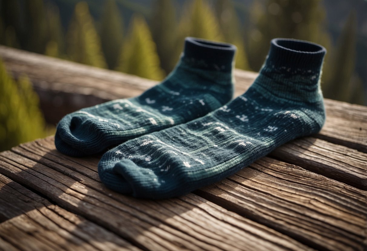 A pair of Injinji Trail Midweight Crew Socks laid out on a rustic wooden surface, with a camera and natural scenery in the background