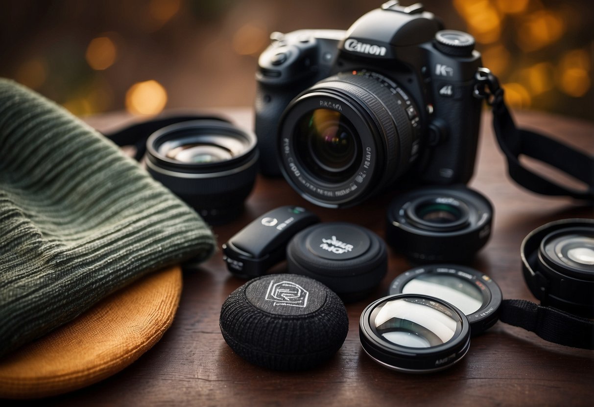 A photographer's specialized socks lay beside a camera, lens, and tripod, emphasizing their importance in capturing the perfect shot