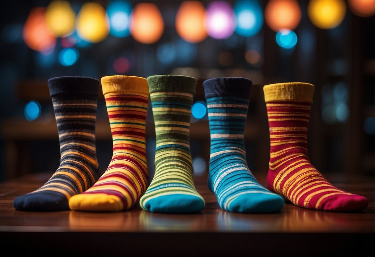 A table with 5 pairs of colorful photography socks displayed. Bright lighting highlights the intricate designs and camera motifs