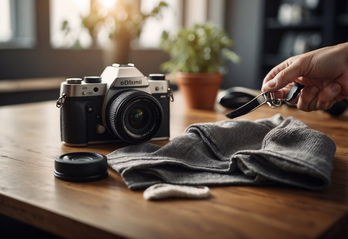 A table with a camera, lens, and photography socks. A hand reaches for a sock while a cloth and brush lay nearby