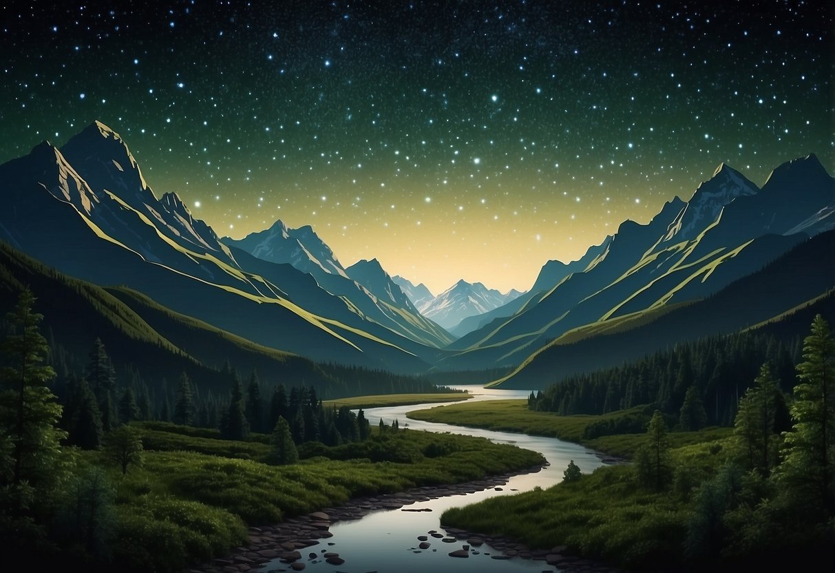 Lush green forest with a flowing river, tall mountains in the background, and a clear night sky filled with stars