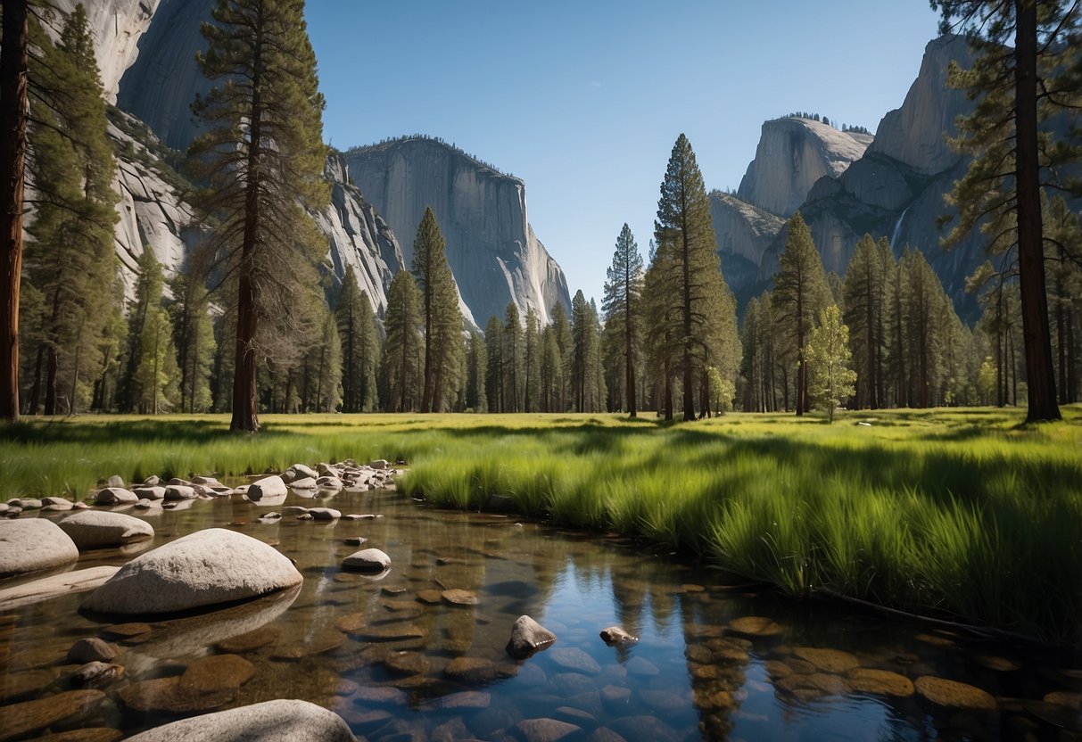 Lush green forest with towering granite cliffs, cascading waterfalls, and serene meadows at Yosemite National Park's best campsites