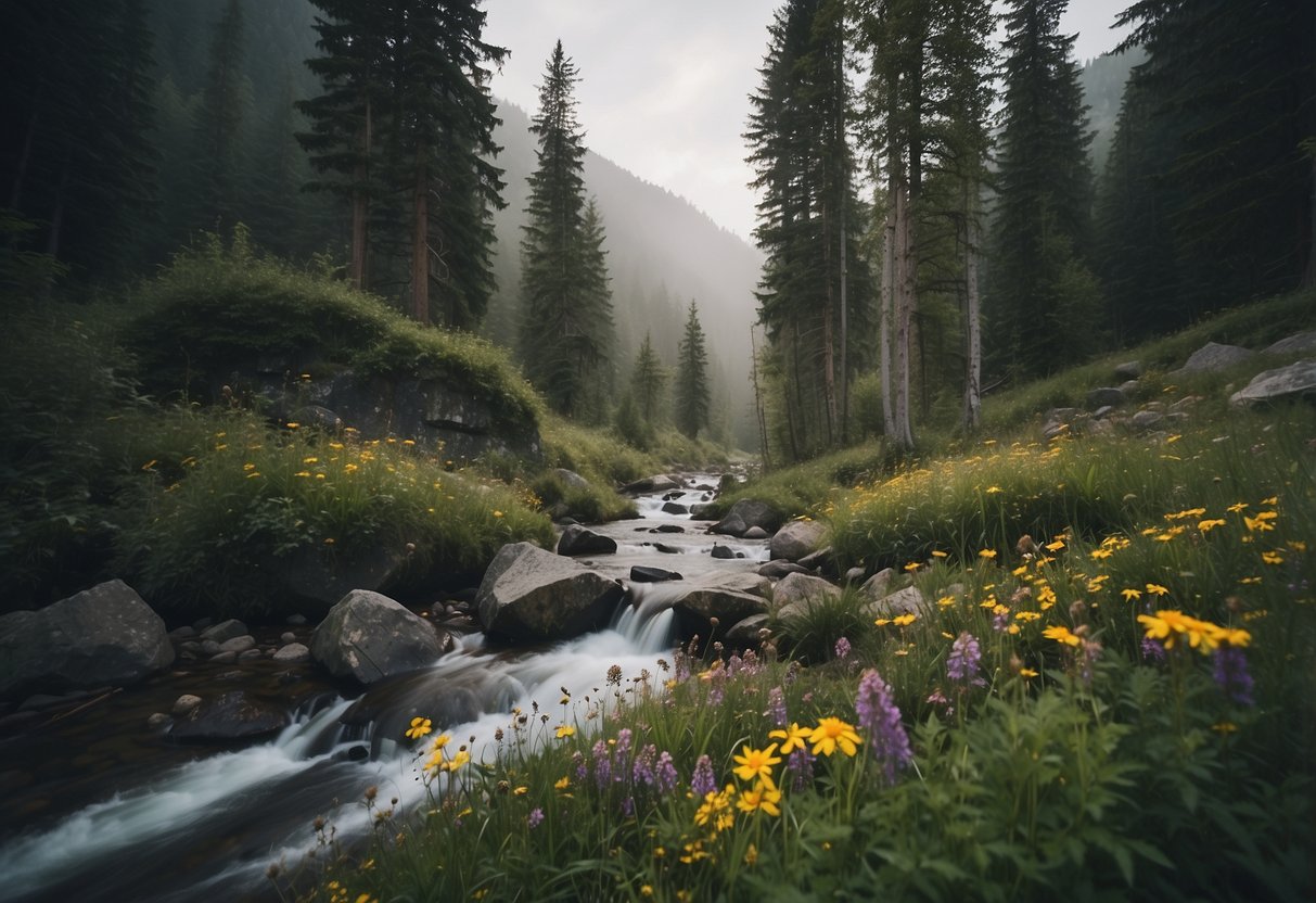 Lush forest, misty mountains, bubbling streams, and colorful wildflowers. Campsites nestled in nature, surrounded by wildlife and serene landscapes